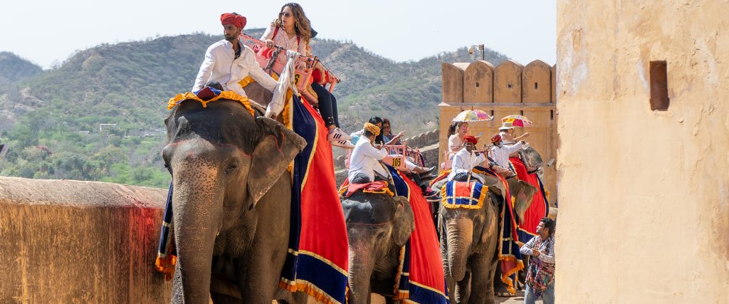 Jaipur,,India,-,Circa,2020,:,Elephants,,With,Tourists,Seated