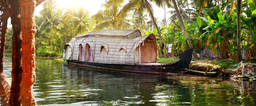 House,Boat,In,Backwaters,At,Palms,Background,In,Alappuzha,,Kerala,