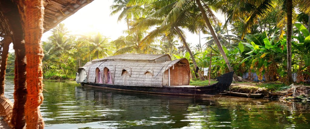 House,Boat,In,Backwaters,At,Palms,Background,In,Alappuzha,,Kerala,